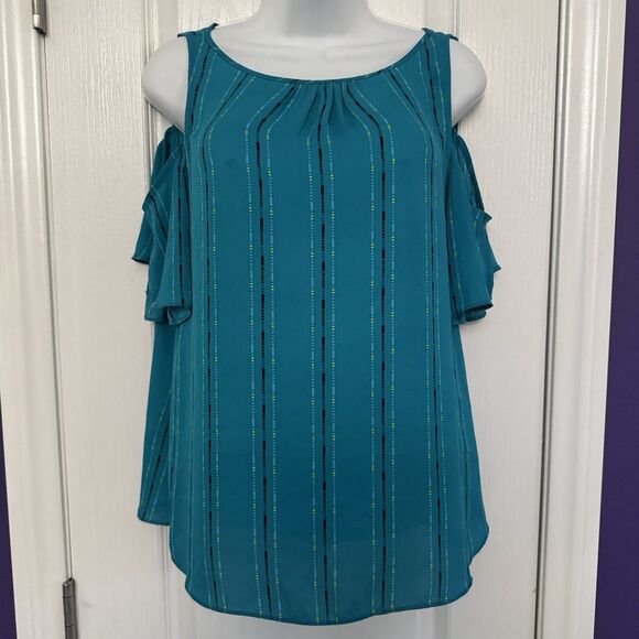 Worthington Teal Striped Dots Cold Shoulder Blouse Top Shirt Women’s Size Medium - Picture 1 of 7